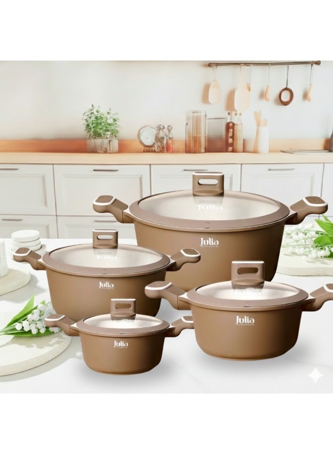 جوليا طقم أواني طهي جوليا  إيليت بروف  8 قطع مع أغطية - بُني - جرانيت بيج غير لاصق - يدعم الحث الحراري - Image 1